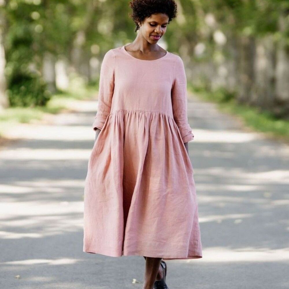 Son de Flor Pink Linen Long Sleeve Midi Dress Gathered Waist Cottagecore Small